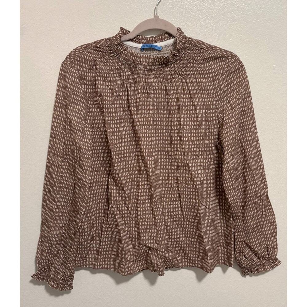 J. McLaughlin Brown and Cream Smocked Neck Long-Sleeve Blouse